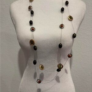 Long Multi-Bead Olive Green, Brown, Gold, And Orange Layered Necklace